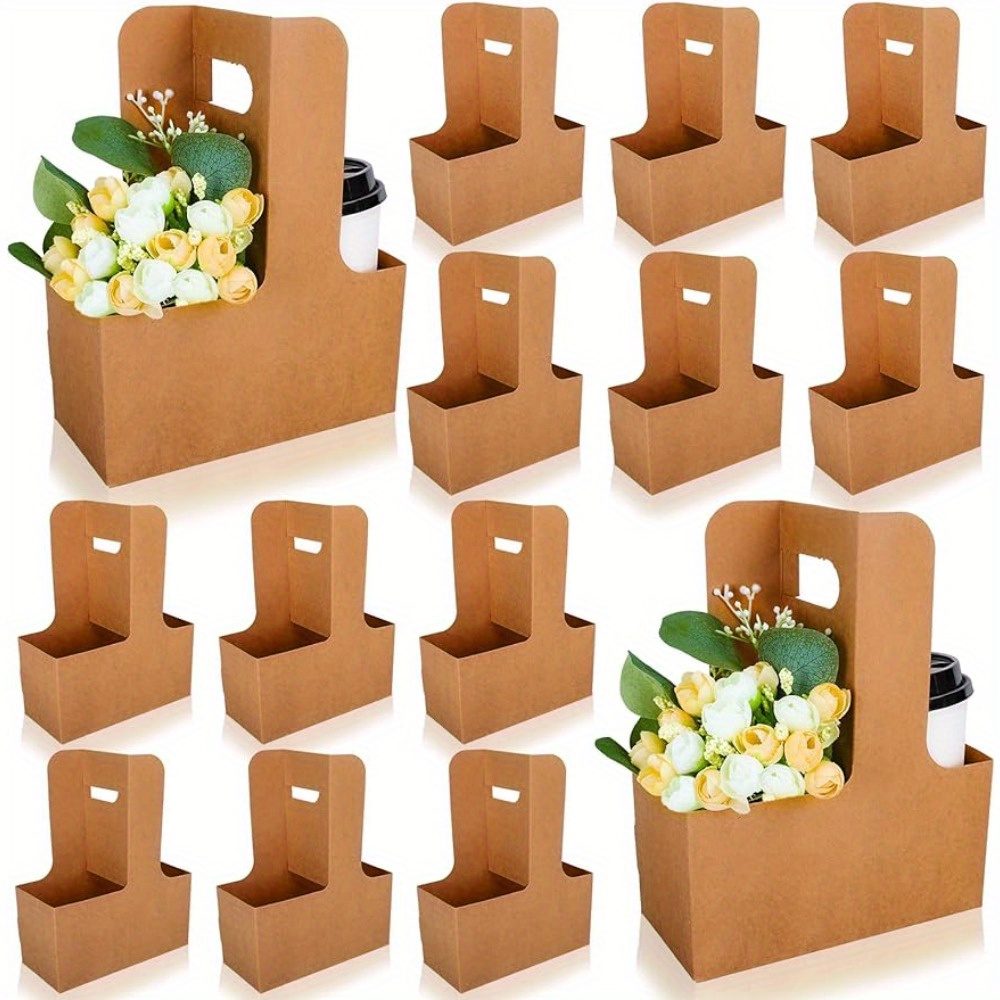 

10pcs, Rectangle Flower Gift Bags Bouquet Kraft Paper Bags With Handle Brown Floral Wrapping Packing Wrap Box For Women Valentine Mother Day Wedding Party Gift Decor, Small Business Supplies