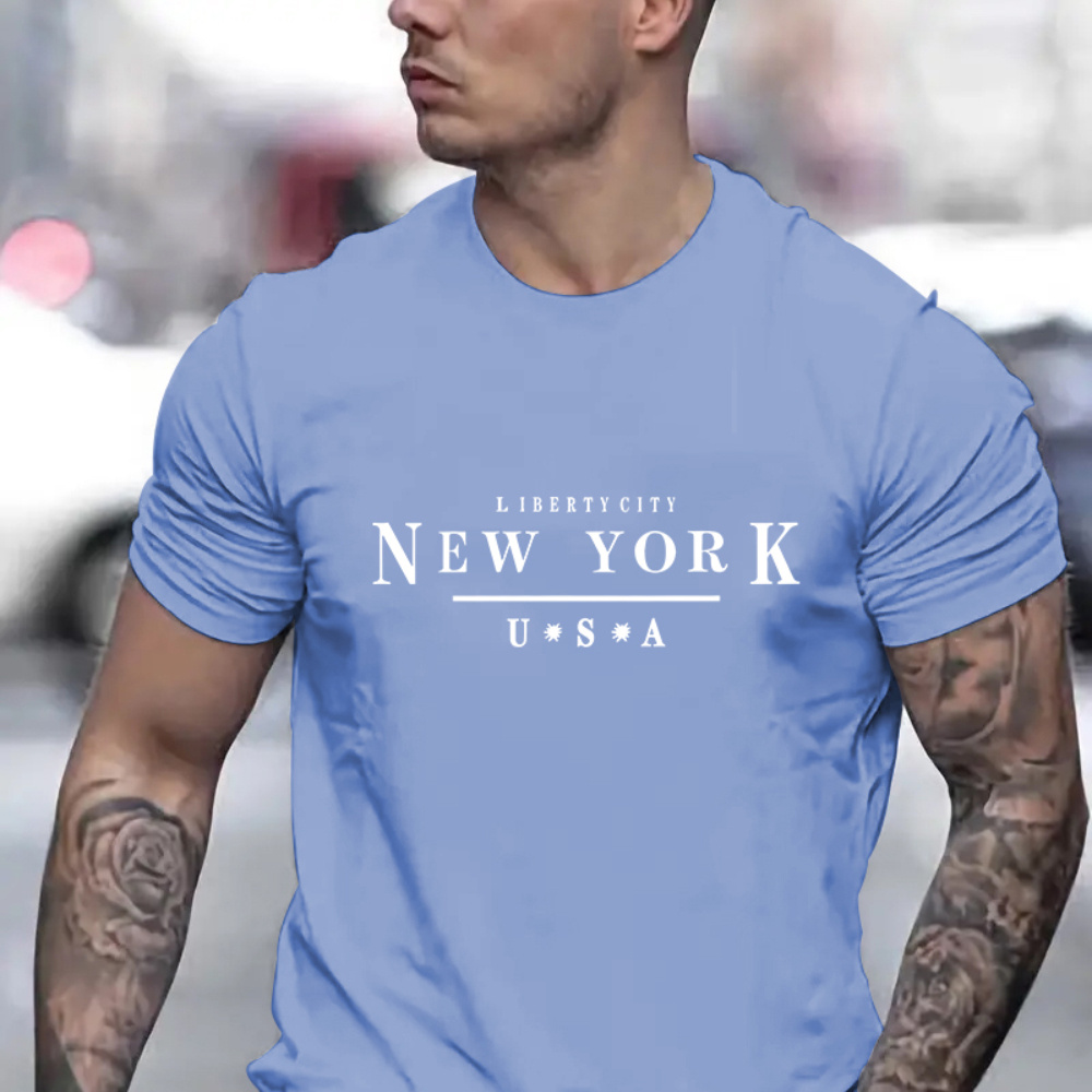 

New York Graphic Men's Short Sleeve T-shirt, Comfy Stretchy Trendy Tees For Summer, Casual Daily Style Fashion Clothing