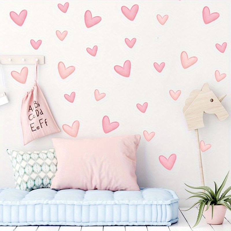 Image of 60pcs Sticker, Pink Love Heart Pattern Self-adhesive Wall Stickers, Bedroom Entryway Living Room Porch Home Decoration Wall Stickers, Removable Stickers, Wall Decor Decals