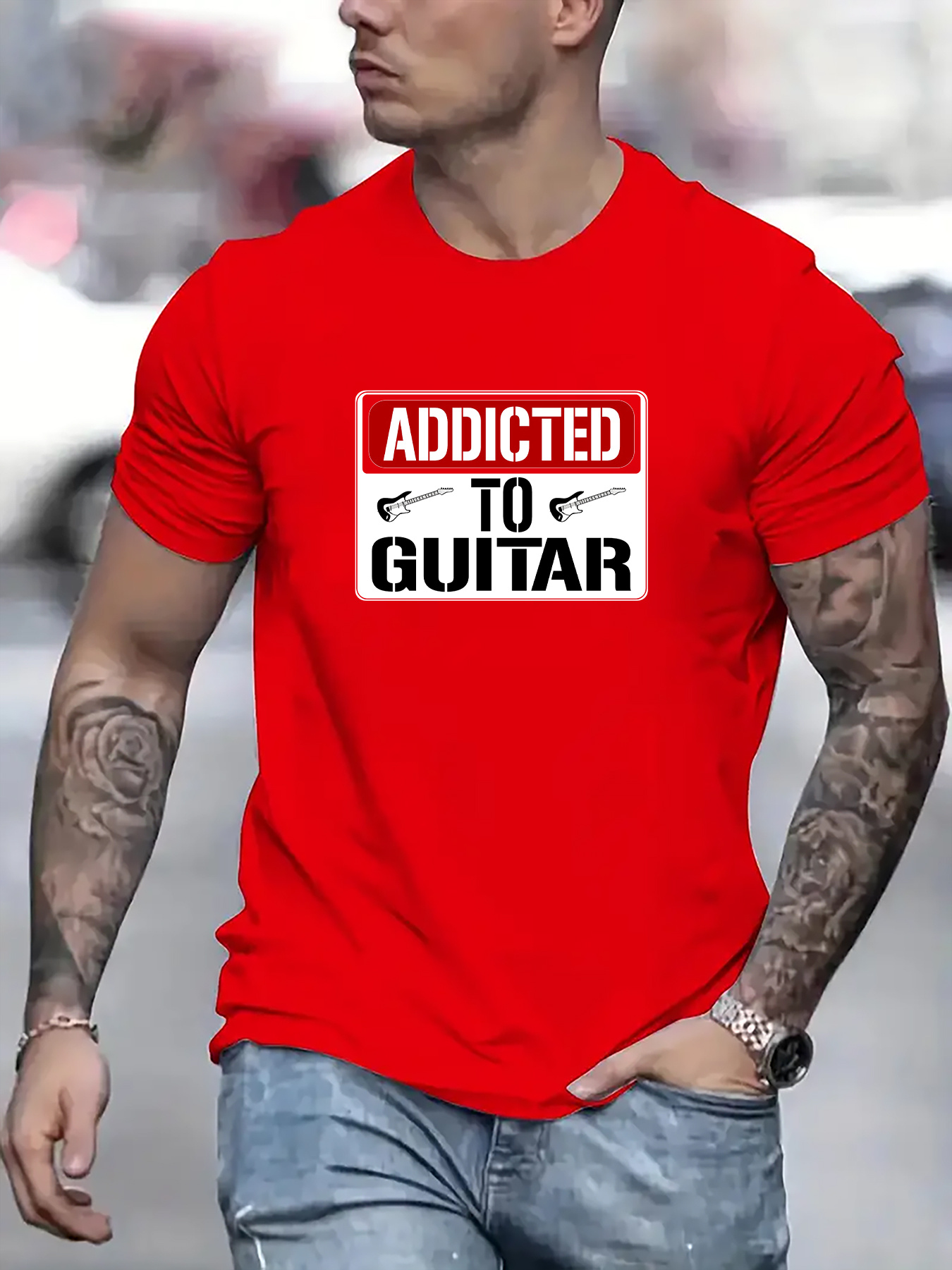 Addicted Guitar Print T Shirt Tees Men Casual Short Sleeve T - Temu Ireland