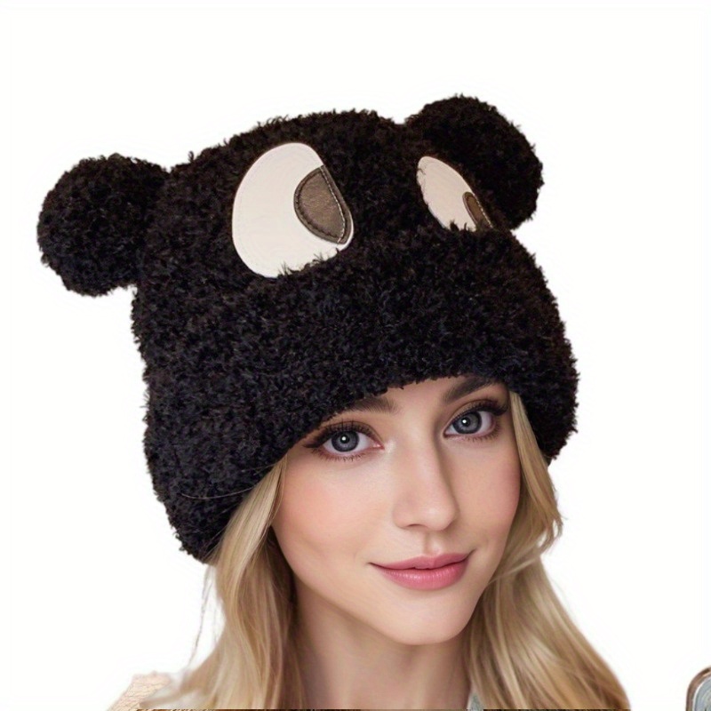 Cartoon Bear Beanie Ears Solid Color Plush Skull Warm - Temu New Zealand