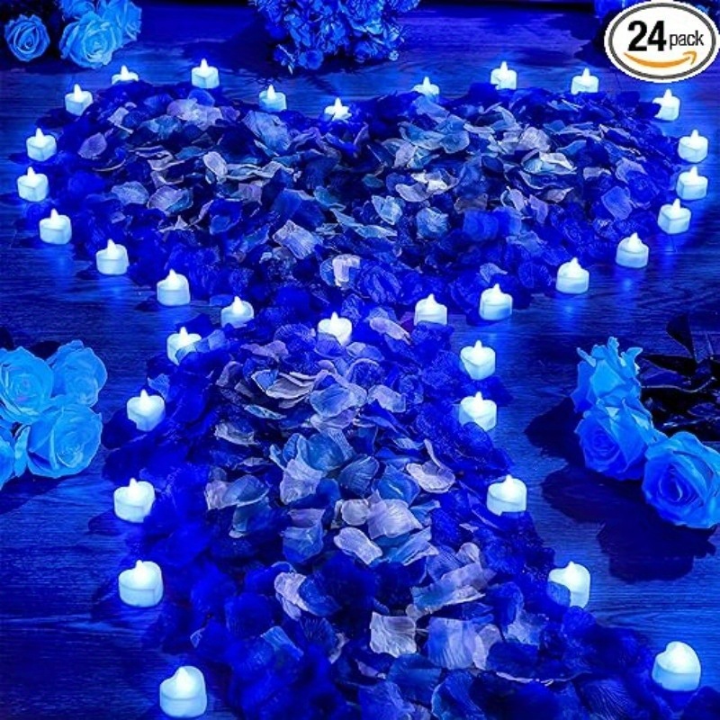 1000 Pieces Artificial Rose Petal with 24 Pieces Romantic Heart Candles LED  Candles Flameless Romantic Love Tea Lights for Romantic Night Valentine's