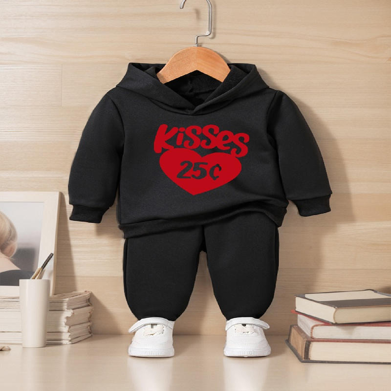 

2pcs Boy's Hoodie Outfits, Casual Valentine's Day Kisses Letter Print Hoodies Long Sleeve Pullover Hooded Sweatshirt & Pants Joggers Set