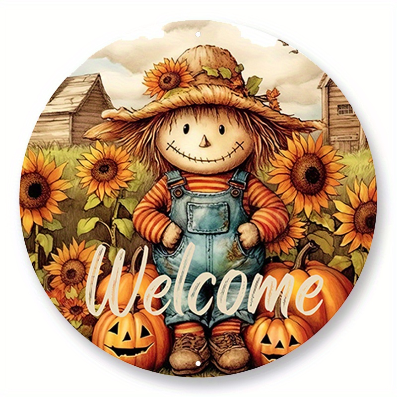 

1pc 8x8inch Aluminum Metal Sign Autumn Scarecrow Welcome Wreath Sign, Metal Autumn Scarecrow Sign, Scarecrow Wreath Sign, Wreath Attachment Sign