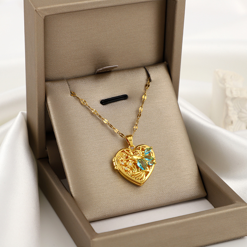 1pc exquisite fashion heart shape photo frame bird flower blue zirconia pendant necklace for men details 3