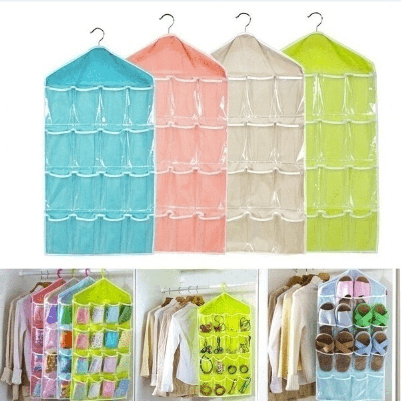 

1pc, 16 Pockets Clear Hanging Bag Socks Bra Underwear Rack Hanger Storage Organizer Bag For Store/ Hotel Use