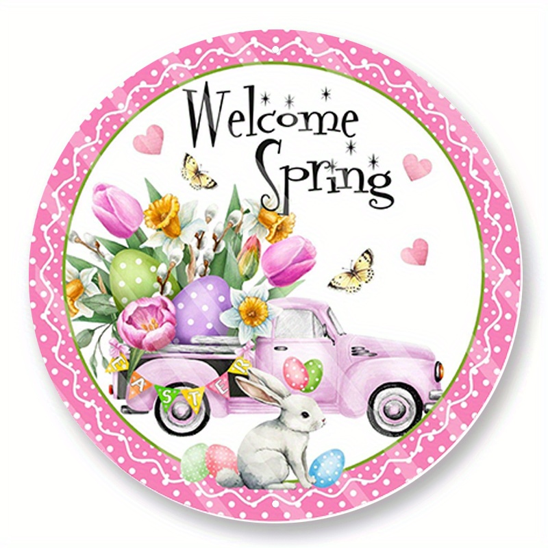 

1pc 8x8inch Aluminum Metal Sign Welcome Spring Round Wreath Sign, Signs For Wreaths, Wreath Enhancement