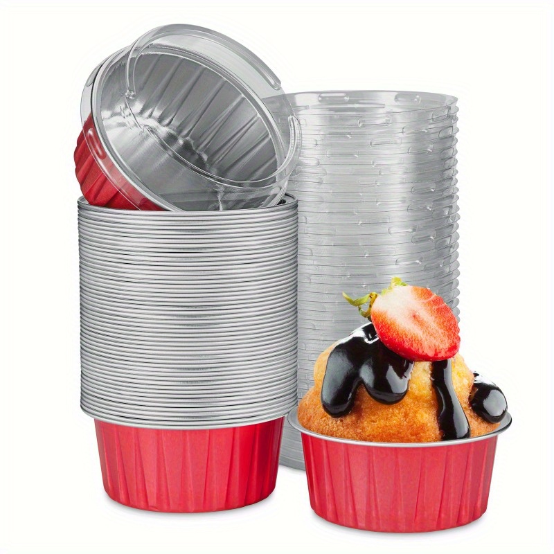 Aluminum Foil Baking Cups with Lids and Spoons, 5oz/125ml, 50Pcs Disposable  Creme Brulee Ramekins, Oven Safe Aluminum Cupcake Liners Containers, Gold