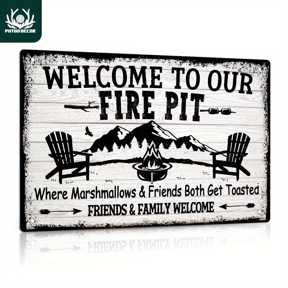 

1pc Welcome To Our Fire Pit Decoration Vintage Metal Tin Sign, Wall Art Decor For Home Farmhouse Backyard Campsite, 7.8 X 11.8 Inches