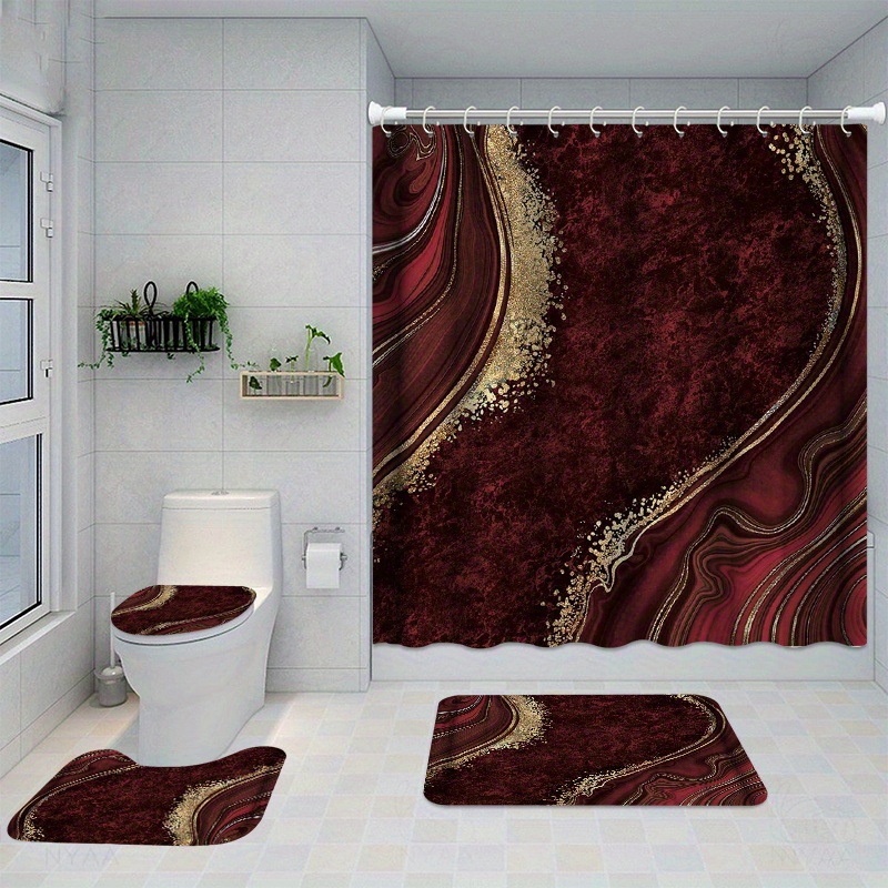 

1/4pcs Maroon Geode Design Shower Curtain Set, Shower Curtain With 12 Hooks, Non-slip Bath Mat, U-shaped Toilet Mat, Toilet Mat, Bathroom Decor Accessories