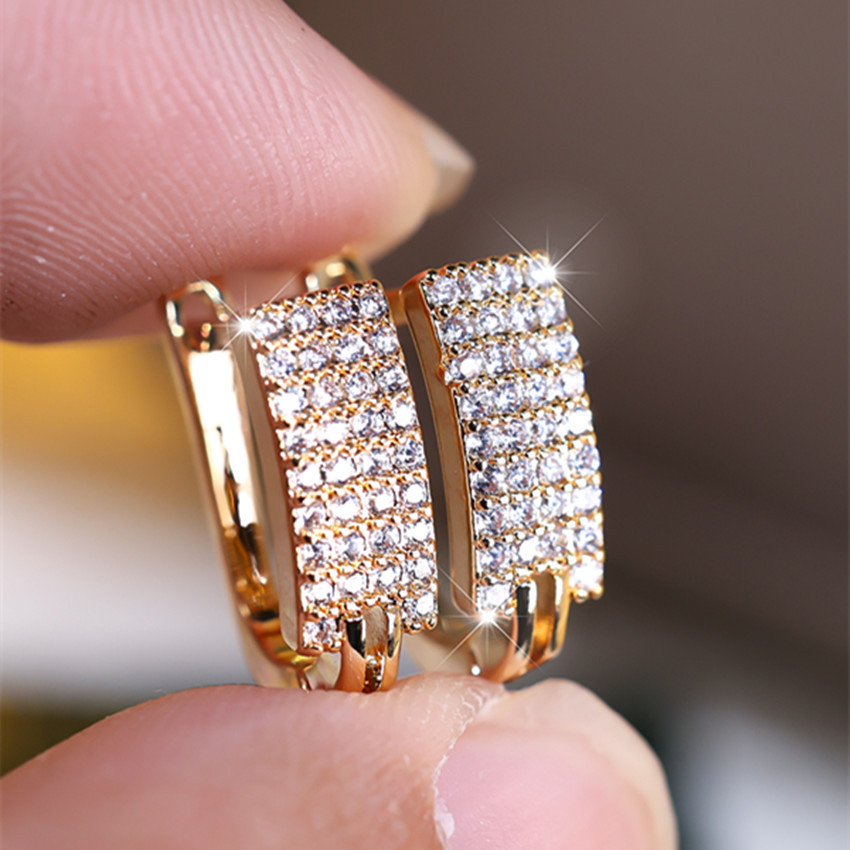 E-shop 1 Paar Luxus Goldene Damen Ohrstecker Vier Reihen Micro-Wachs Einfassung Zirkonia Ohrringe Braut Hochzeit Feinschmuck