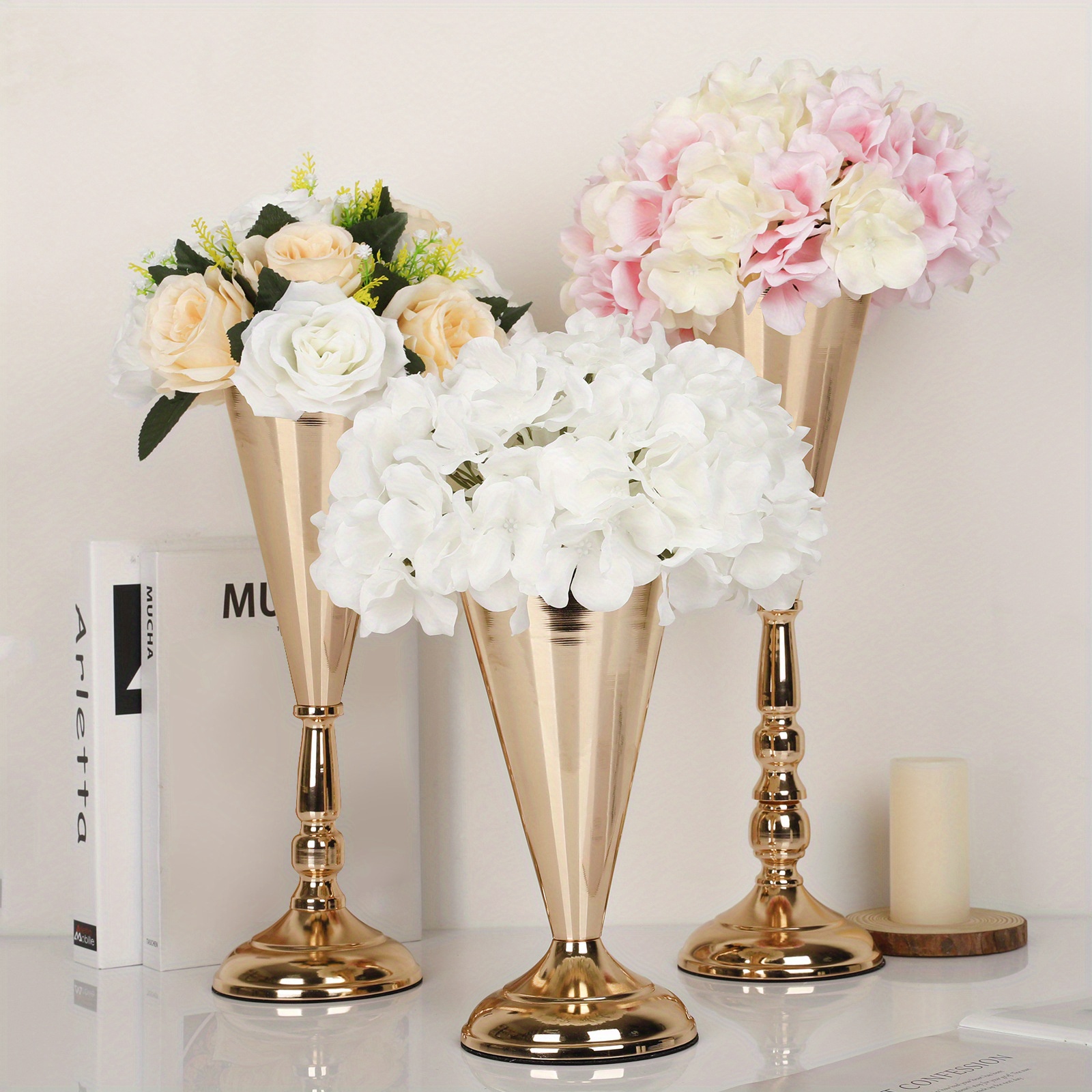 27 Tall Gold Trumpet Metal Flower Vase, European Style Wedding