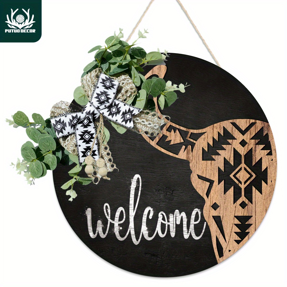 

1pc, Welcome Front Door Decoration, Wood Wreaths Hanging Sign Front Door Decor For Home Porch Farmhouse Cafe Coffee Shop