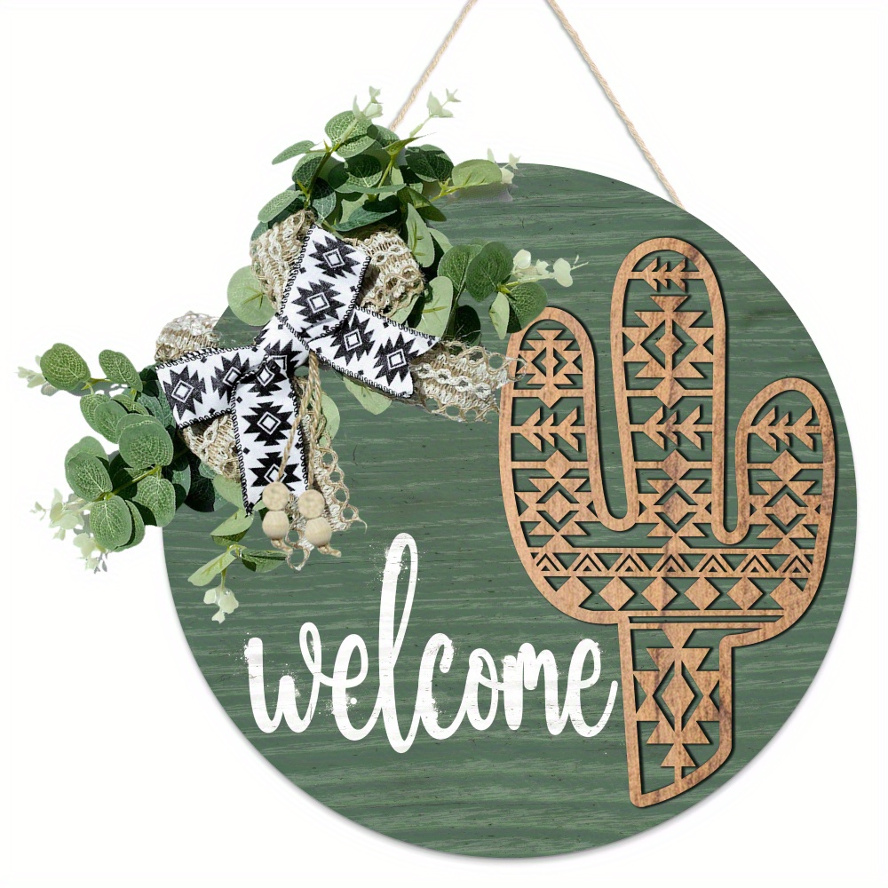 TEMU Putuo Decor 1pc Welcome Cactus Front Door Decoration, Wood Wreaths Hanging Sign Front Door Decor For Home Porch Farmhouse Shop, 11.8 X 11.8