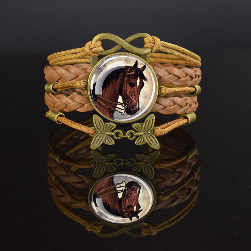 TEMU Vintage Multilayer Woven Bracelets Featuring Horse Cabochons, Suitable For Men And Women, Adjustable Bangles , Perfect As A Jewelry Gift