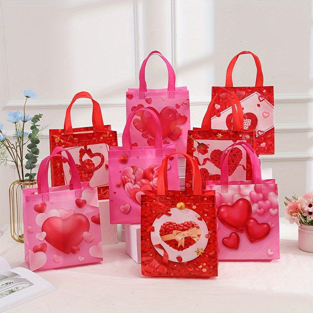 Sweetude 60 Pcs Valentines Day Gift Bags Valentines Day Tote Bags  Valentines Day Reusable Non Woven Bag Treat Bags Pink Red Hearts Gift Bags  with