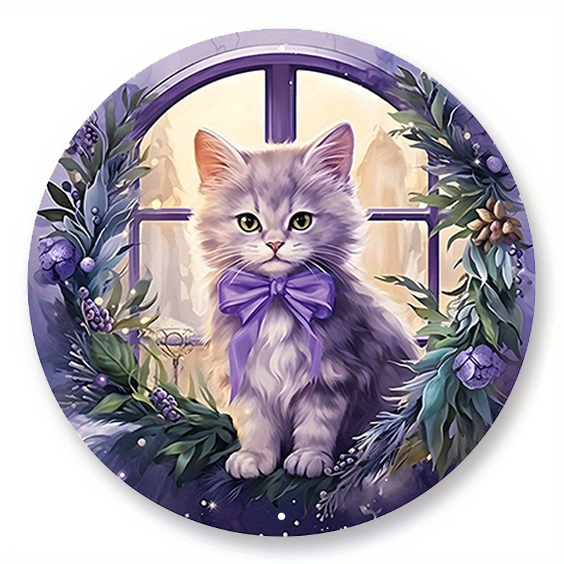 

1pc 8x8inch Aluminum Metal Sign Purple Christmas Cat Wreath Sign, Kitten Wreath Attachment, Signs For Christmas Wreaths, Gift For Cat Lover