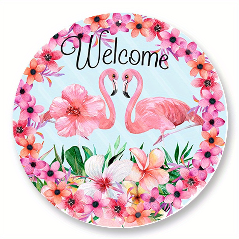 

1pc 8x8inch Aluminum Metal Sign Round Welcome Flamingo Wreath Sign, Signs For Wreaths, Wreath Enhancement, Metal Wreath Signs