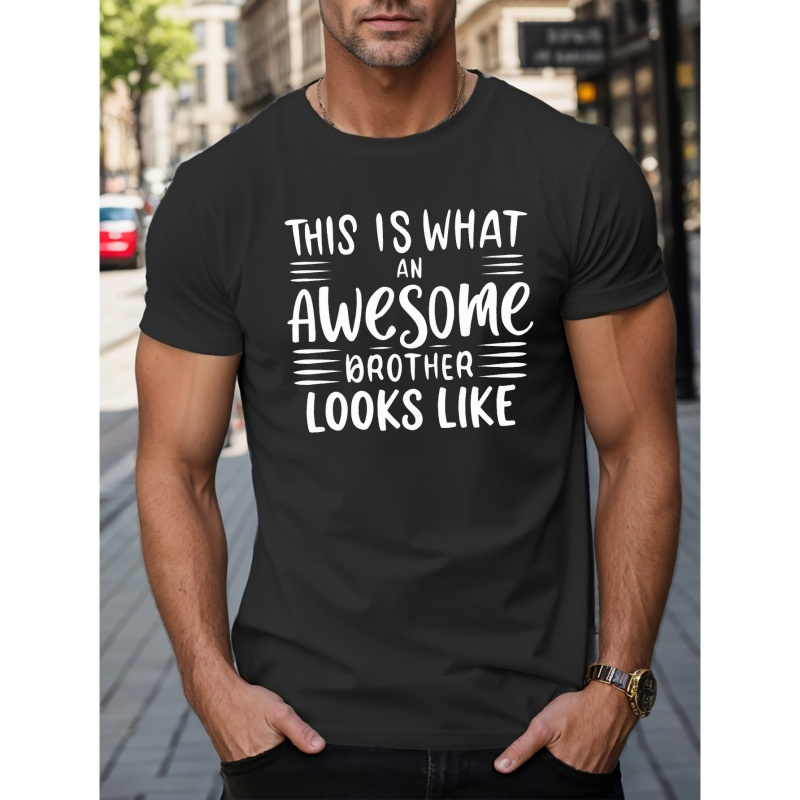 

Awesome Brother" Graphic Men's T-shirt - Casual Polyester, Short Sleeve, Round Neck, Machine Washable, With