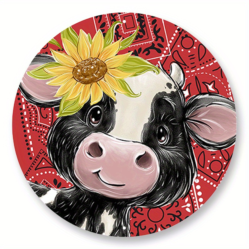 

1pc 8x8inch Aluminum Metal Sign Cow Wreath Sign - Farmhouse Round Wreath Sign