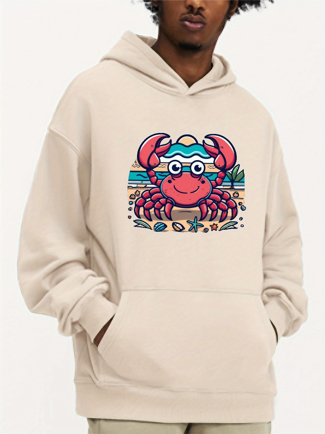 Crab On A Sunny Beach Print Hoodie For Men, Trendy Hooded Long Sleeve Top,  Men's Clothing