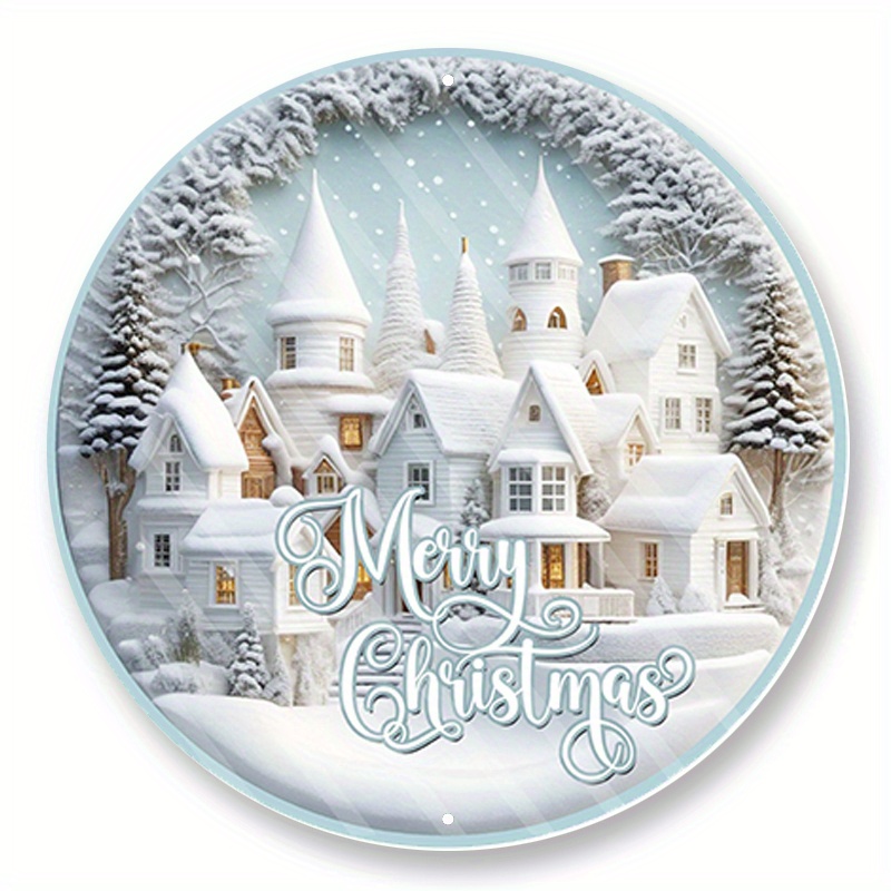 

1pc 8x8inch Aluminum Metal Sign Wreath Sign, Merry Christmas Snow Globe Wreath Embellishment, Holiday Signs, Round Wreath Signs