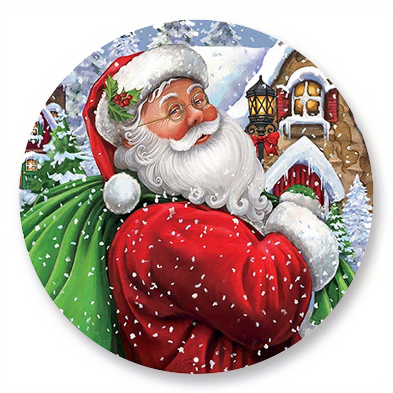 

1pc 8x8inch Aluminum Metal Sign Santa With Toy Sack Wreath Sign For Christmas Wreaths - Father Christmas With Green Sack Wreath Attachment - Choose Your Size Round Sign