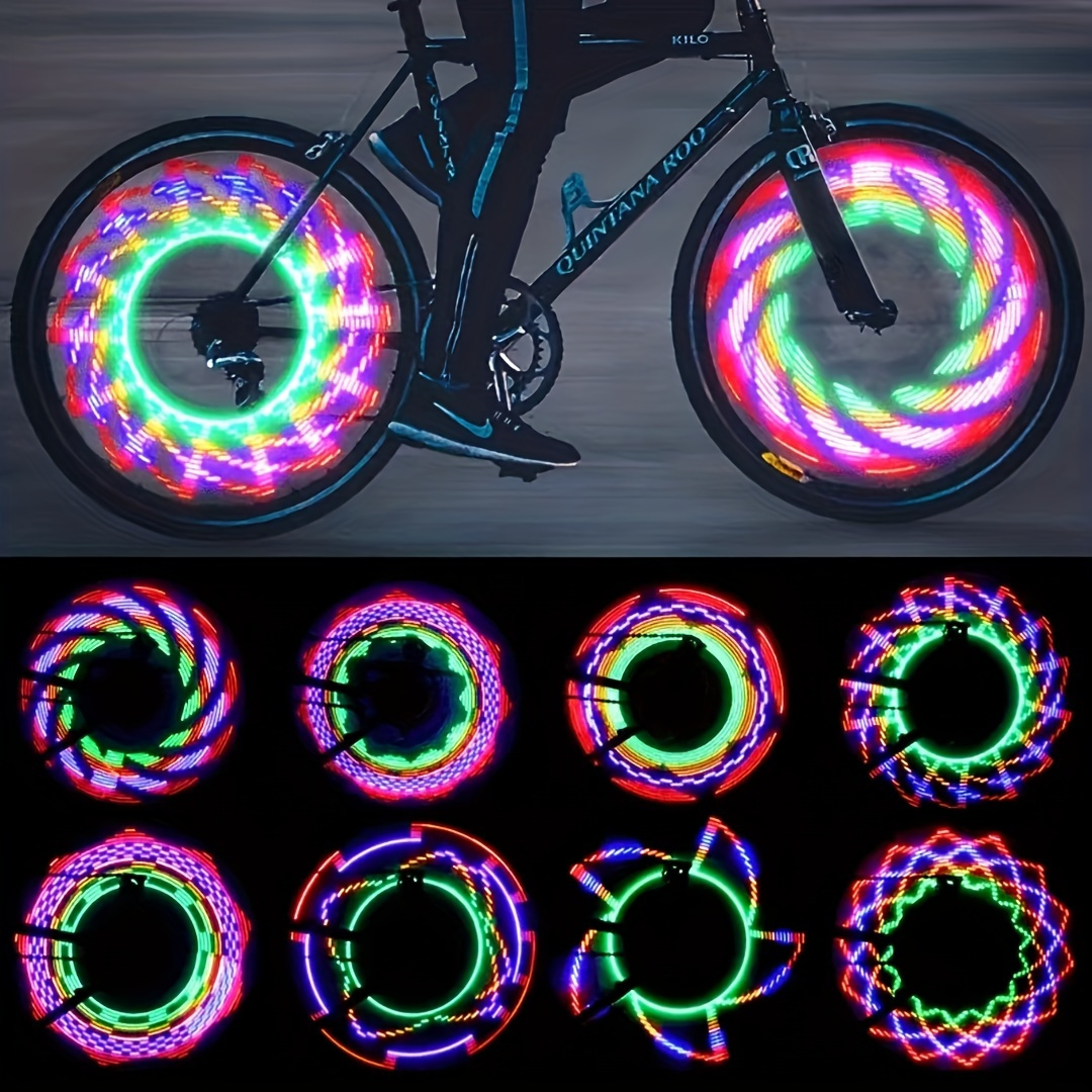 Lumière de rayon de vélo, lumières LED affichent des motifs lumineux  Changement de roue de vélo complet étanche (1 pneu) Vélo de montagne  lumineux nuit feux d'équitation USB rechargeable feu arrière