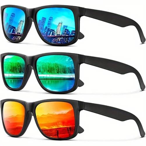 3pairs, Vintage Classic Matte Black Frame Square Fashion Glasses, With Colorful Lens, For Men Women Couple Outdoor Sports Party Vacation Travel Driving Fishing Decors Photo Props