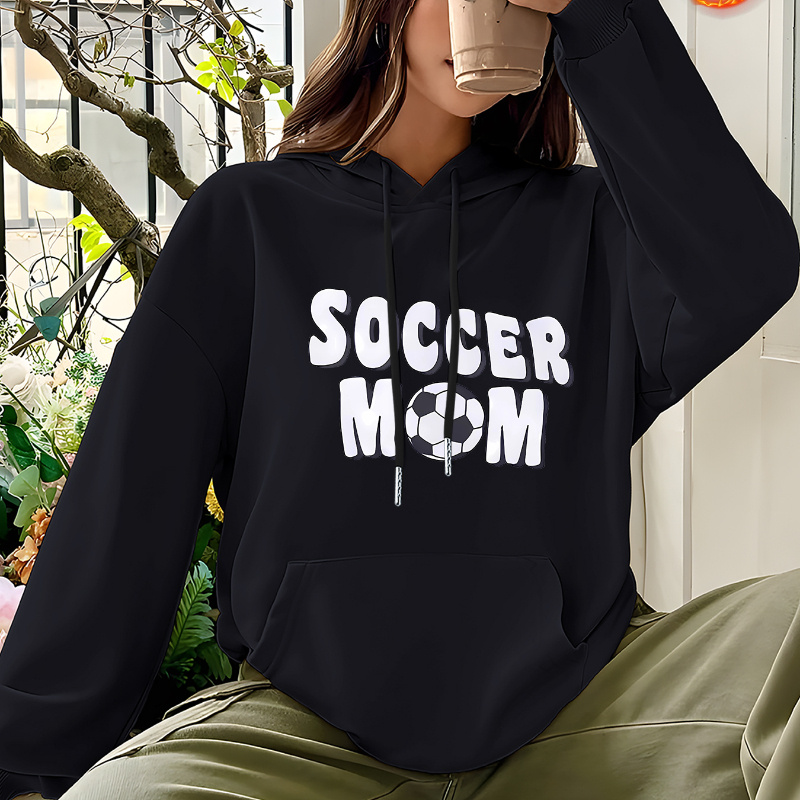 

Soccer & Letter Pattern Casual Hooded Sweatshirt, Long Sleeves Kangaroo Pocket Drawstring Hoodie, Women's Activewear