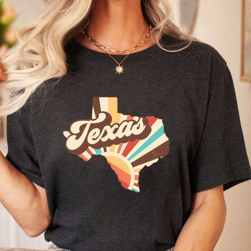 

Texas Letter Print T-shirt, Short Sleeve Crew Neck Casual Top For Summer & Spring, Women's Clothing