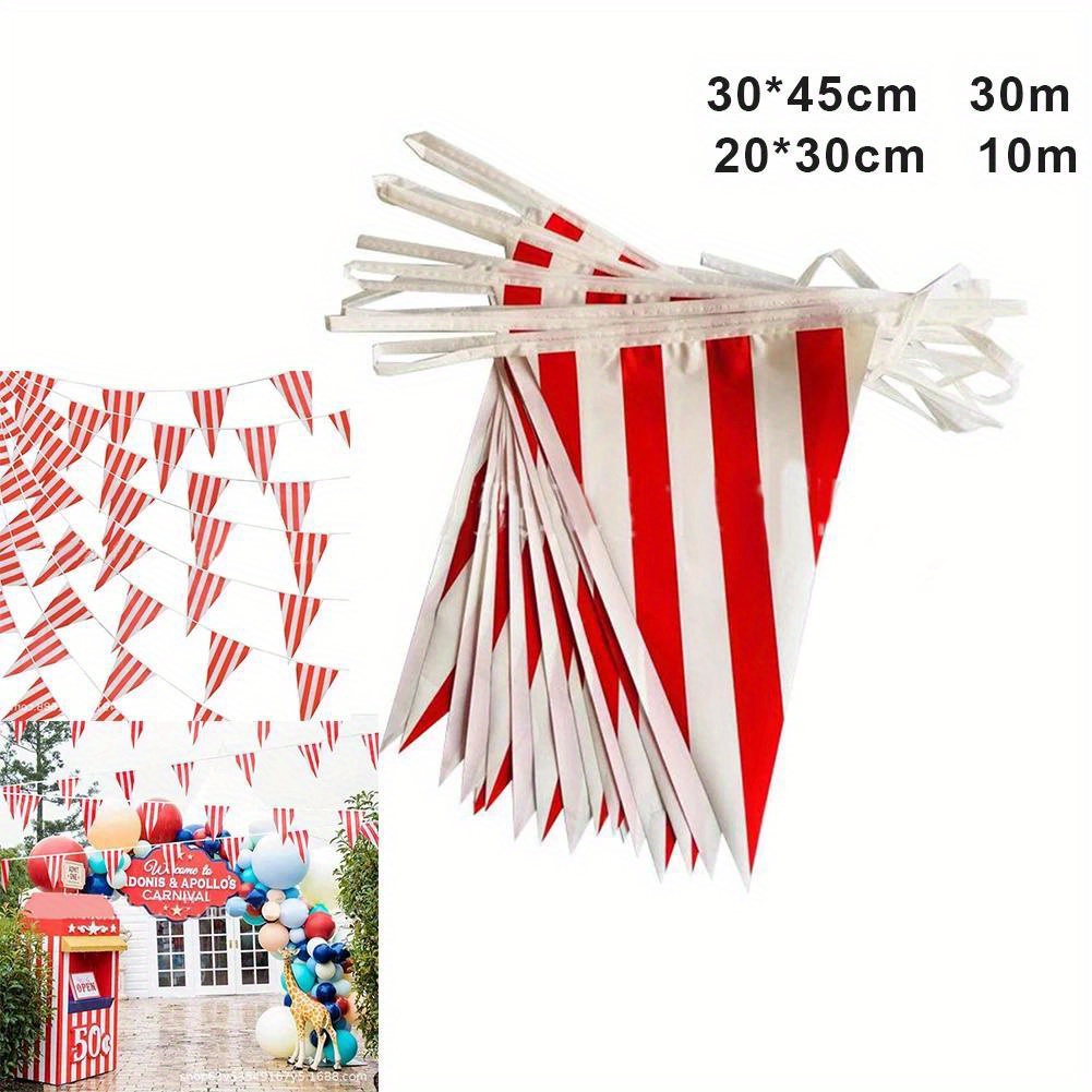 

Set, 10/30m 32.8ft/ 98.42ft Carnival Theme Party Flag Decorations White Striped Pennant Triangle Bunting For Circus Birthday Party Decoration