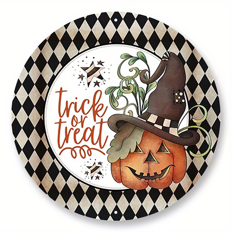 

1pc 8x8inch Aluminum Metal Sign Trick Or Treat Harlequin Halloween Metal Wreath Sign - Choose Your Size Circle Shaped Halloween Wreath Attachment