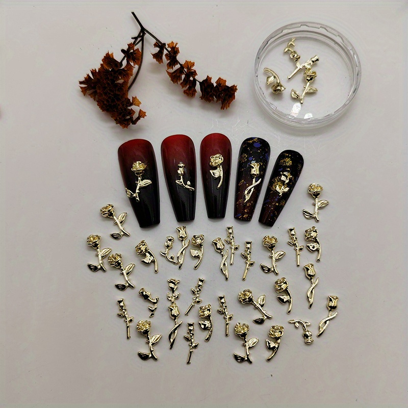 

20/40pcs Mixed Style & Random Delivery 3d Golden/slivery Classic Rose Alloy Nail Art Decoration (no Rhinestone)