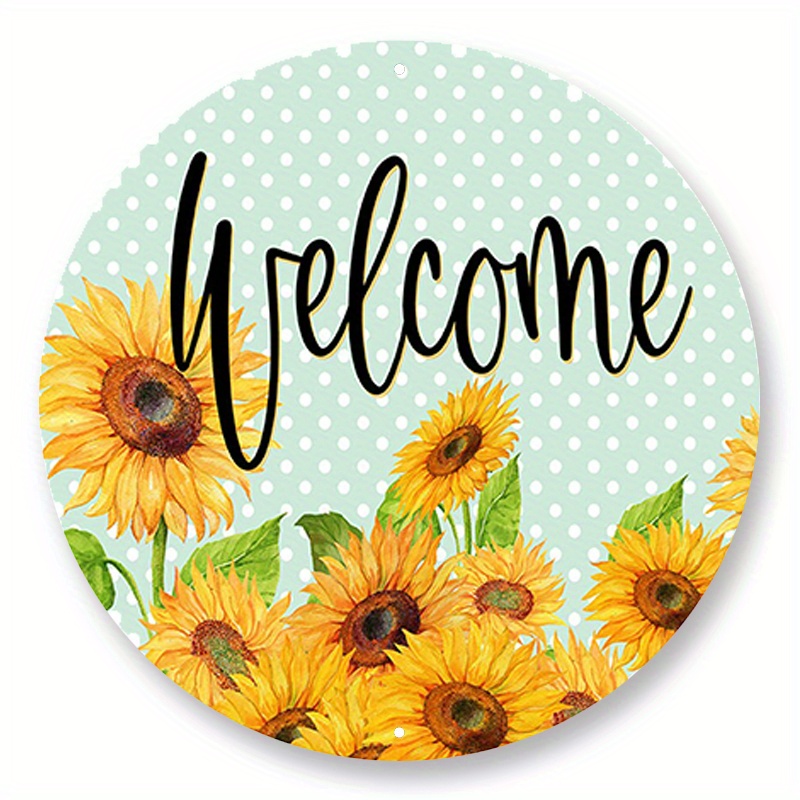 

1pc 8x8inch Aluminum Metal Sign Yellow Sunflower Polka Dot Welcome Round Metal Wreath Sign