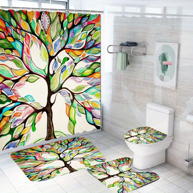 Shower Curtain Set Colorful Tree Pattern Bathroom Rug U - Temu