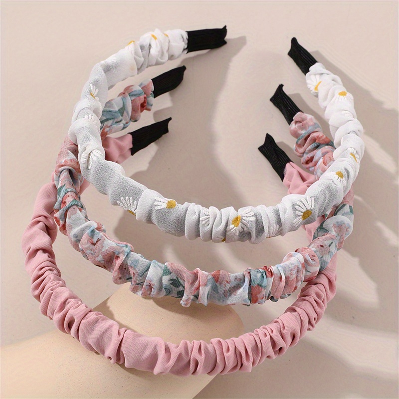 Image of 3pcs Set Cute Daisy Floral Pleated Headbands For Girls - Sweet & Fashionable Hair Accessories, Perfect For Casual Attire