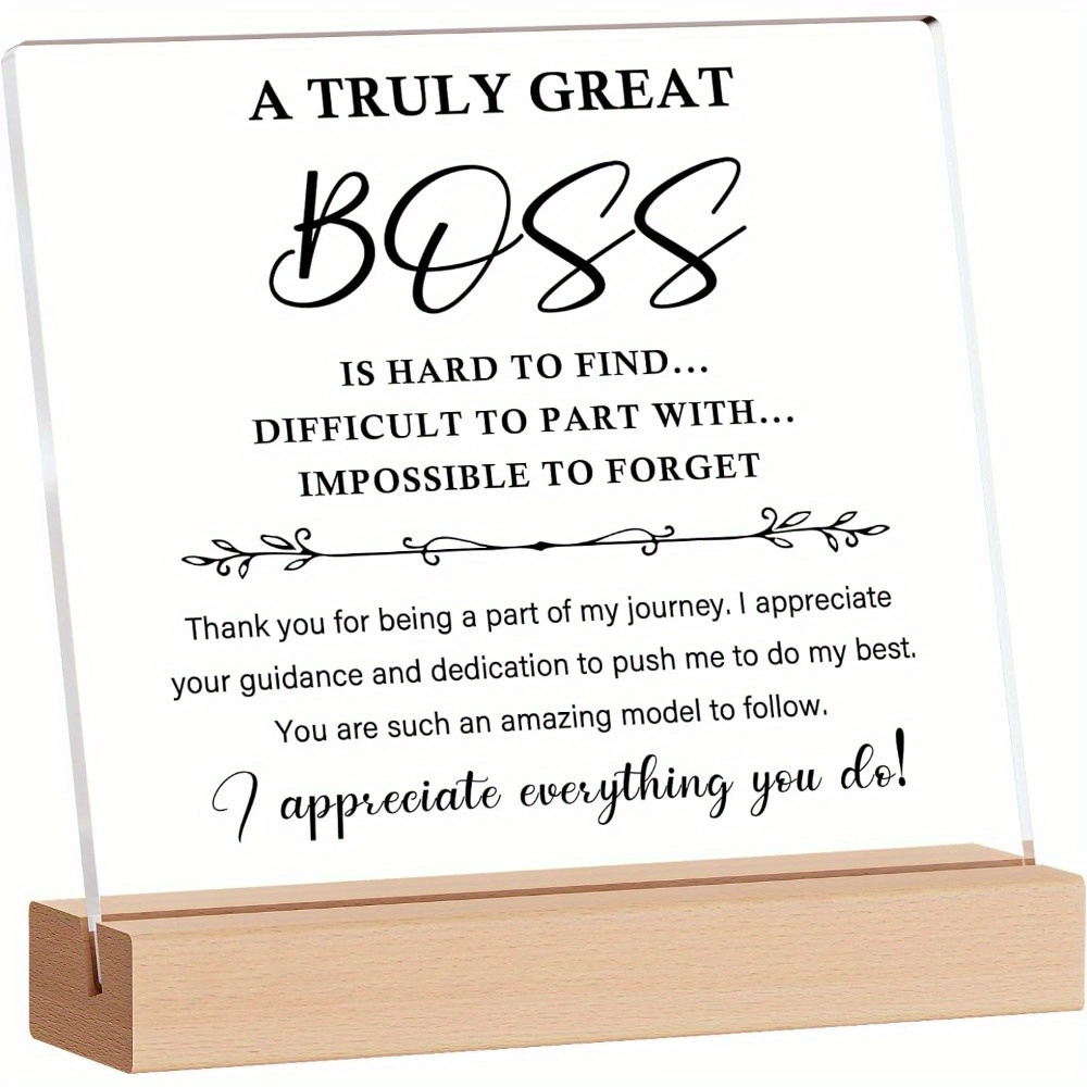 Boss Gift for Women Men, Acrylic Sign with Wooden Stand Office Desk Decor  Boss Day Gifts, Appreciation Gifts for Going Away Leader