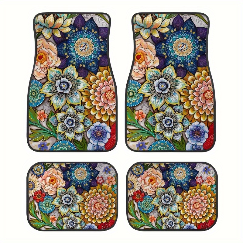 

4pcs/set Bohemian Floral Printed Fashion Car Floor Mats, Durable, Anti-dirty, Anti-slip, Waterproof And Easy To Clean Foot Pads