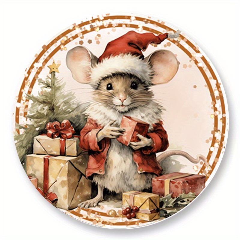 

1pc 8x8inch Aluminum Metal Sign Victorian Mouse Christmas Sign, Wreath Sign, Home Decor