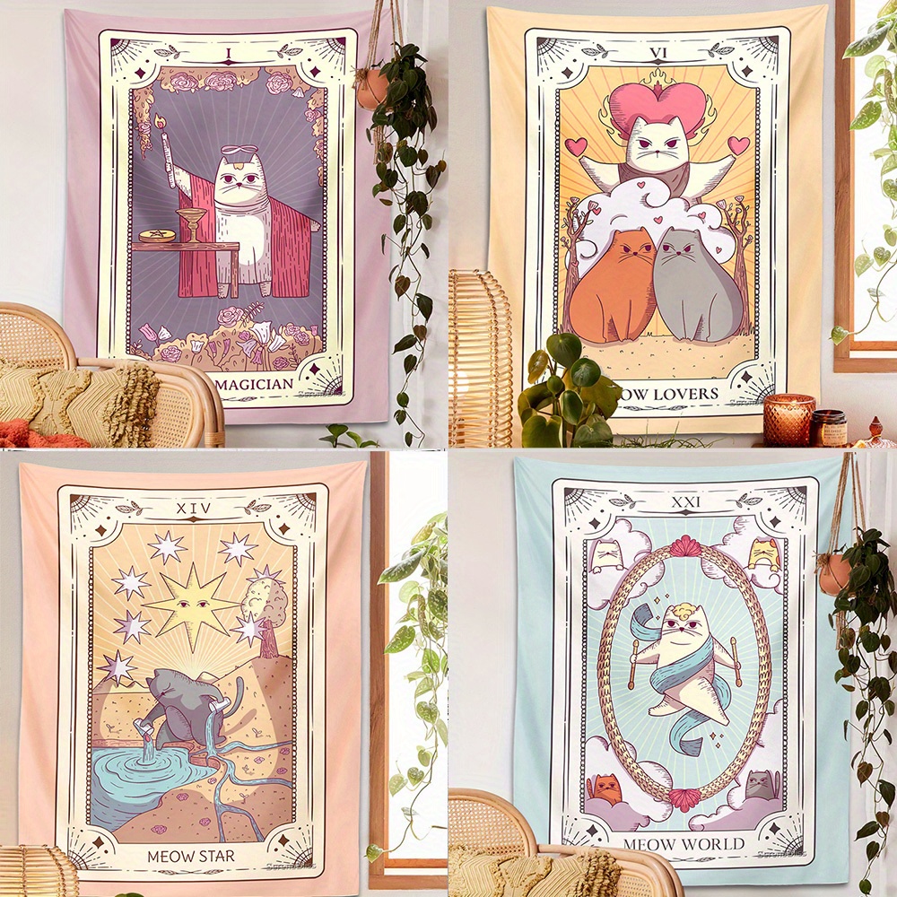 Cartoon Cat Tarot Card Tapestry Wall Hanging Kawaii - Temu