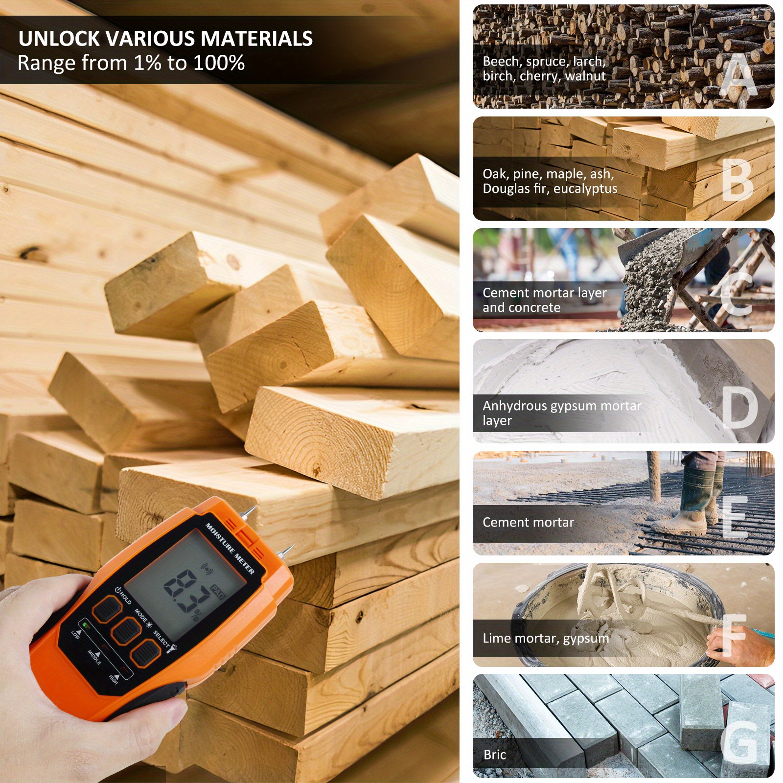 Analyseur d'humidité digital 3 IN 1 / Détecteur d'humidité et testeur de  bois de construction