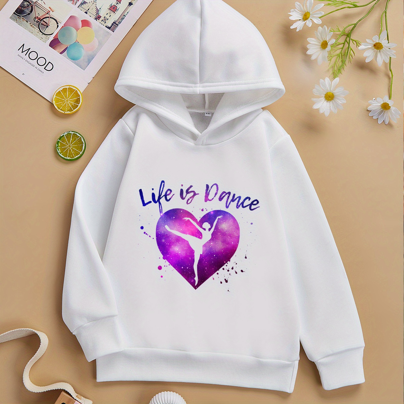 

'life Is Dance' Pattern Girls Hoodie Sweatshirt Pullover, Kids Casual Tops For Spring Outdoor, Gift Idea