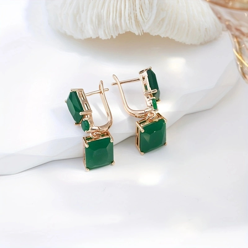 Image of 1- Stone Drop Earrings For Women - Dark Green Stones, Vintage Fine Jewelry, Color, Suitable For Pretend Play & Special Occasions, Square Gemstone Earrings