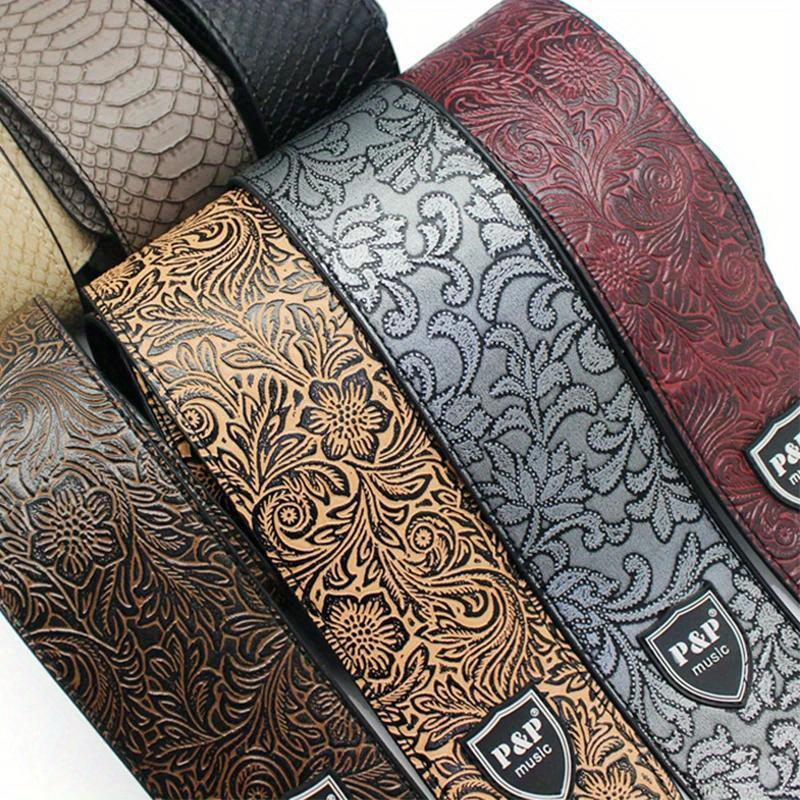 

2.5 Inch Guitar Strap Genuine Faux Leather Adjustable Soft Embroidered Belt For Classical Bass Music Hobby Guitar Accessories (random Pattern)