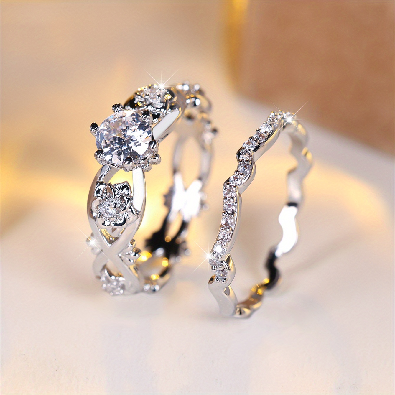 2pcss Rose Flower Wavy Hollow Band Ring Synthetic Synthetic Zircon​​ 2pcs Set Wedding Ring Banquet Party Gift Ring