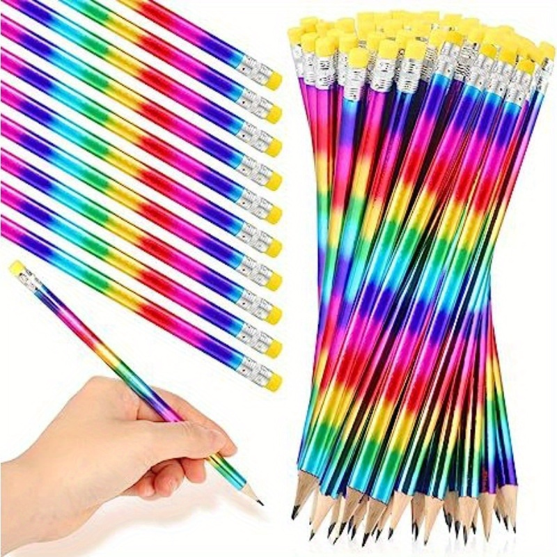 12pcs Rainbow Wooden Pencil With Rubber Tip Office Pencil Pencil Drawing  Writing Pencil