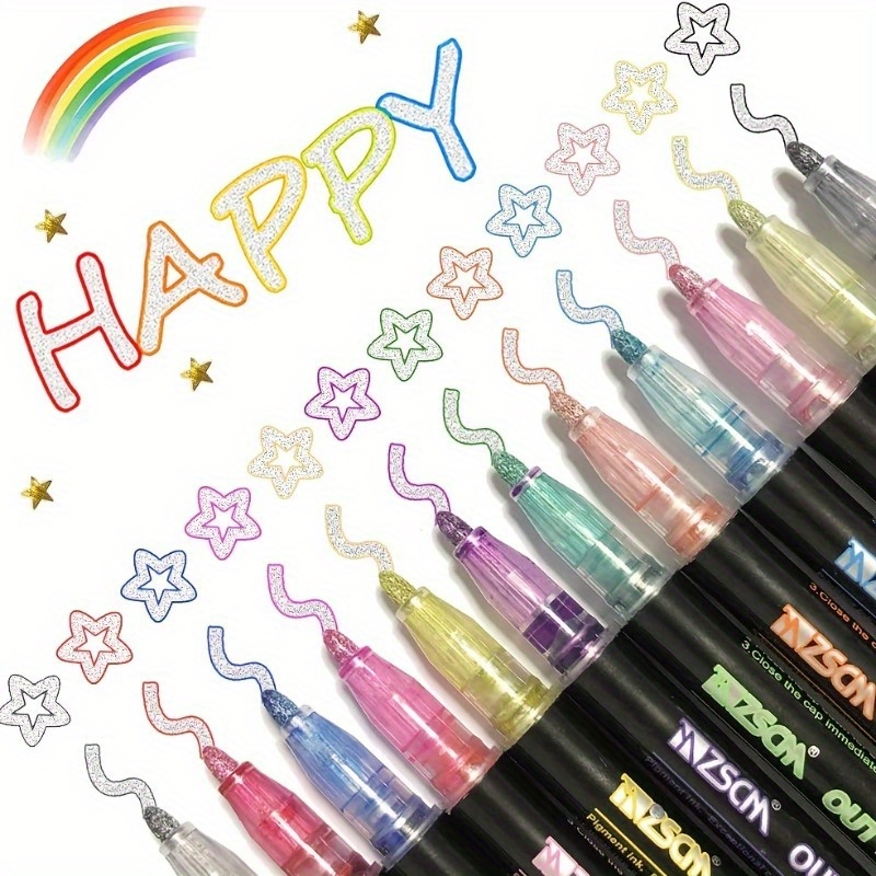 

12 Bright And Well-saturated Colors: Double Line Outline Pen For Hand Drawn Greeting Cards, Painting, Crafts, Posters, And Diy Projects