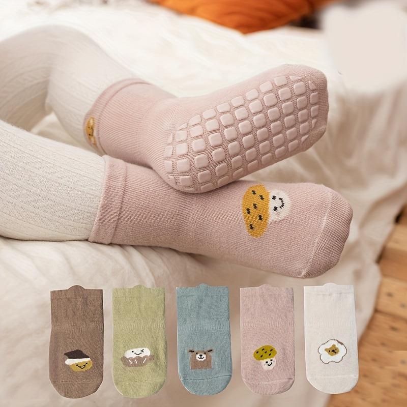 3 Pairs Baby Girl's Non Slip Socks - Animal Pattern Bottom Rubber Dot