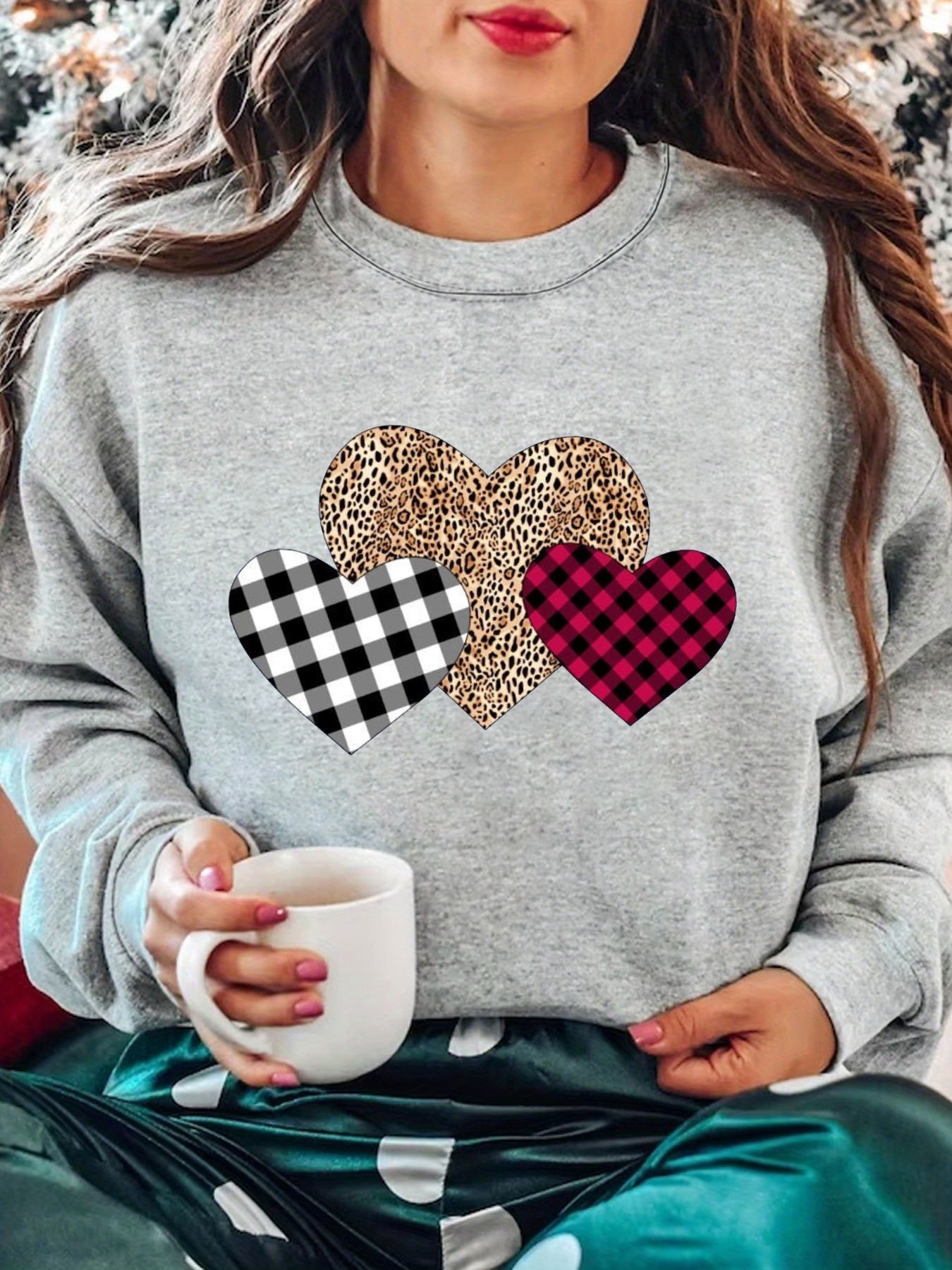 Heart Print Pullover Sweatshirt Casual Long Sleeve Crew Neck - Temu